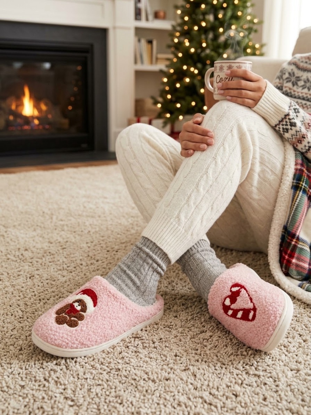 New Christmas Candy cane Bear Slippers Cozy 11 Gift Holiday Pink